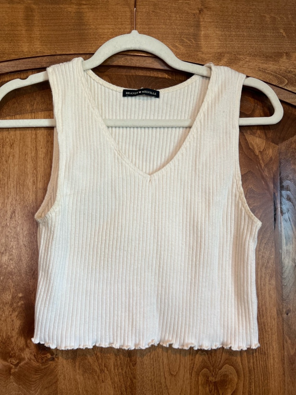 Brandy Melville Cream Ribbed V-Neck Crop Tank Top